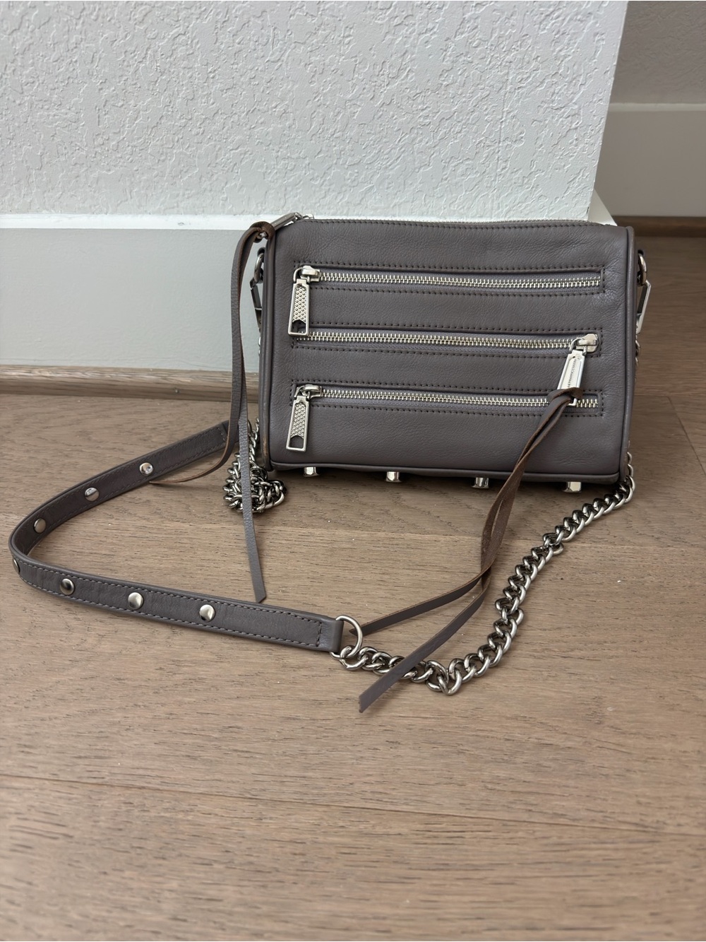 Rebecca Minkoff Gray Leather Crossbody with Chain and Stud Details